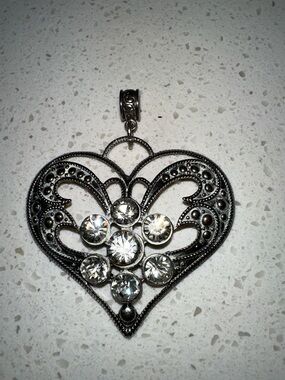 Silver Heart Filigree Pendant with Clear Crystals